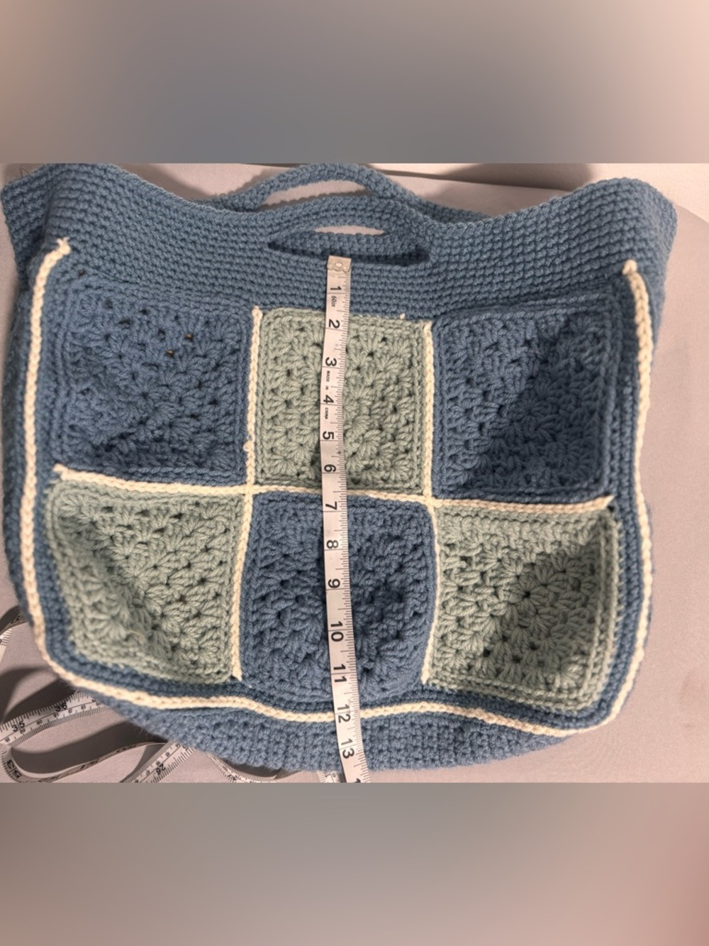 Handmade Crochet Granny Square Tote Bag Blue and Pink Boho Knit Purse - Picture 7 of 10